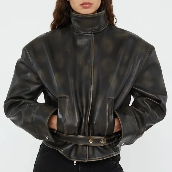 NWT Christopher Esber Eddie Burnished Leather Funnel Neck Leather Jacket Black - Picture 2 of 16